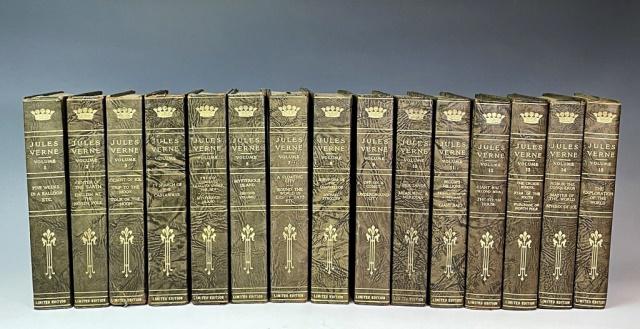 Works of Jules Verne, Limited Ed., 1911 (15pc): "Works of Jules Verne" edited by Charles F. Horne (New York and London: Vincent Parke and Company, 1911), 15 Volumes. Edtion de l'Academie, limited to 300 copies, this set # 5, attested in ink on fron