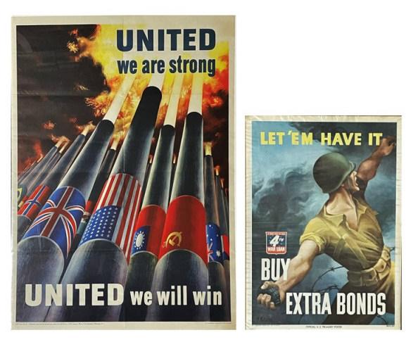 WW2 US War Bond, Propaganda Posters (2pc): WW2 US War Bond, Propaganda Posters: (1) Official U.S. Treasury Poster with illustration by artist Bernard Perlin (1918-2014) captioned "Let 'Em Have It. Buy Extra Bonds" From the 4th War Loan Drive.
