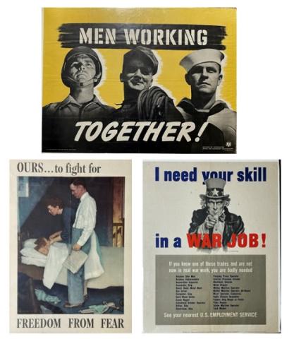 WW2 US Propaganda Posters (3pc): Three WW2 US Propaganda Posters: (1) Propaganda Poster captioned "MEN WORKING TOGETHER!" with illustration of construction worker flanked by a soldier and sailor. Produced for the Division of Informat
