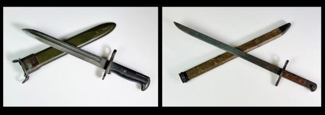 WW2 US Garand, Japanese Arisaka Bayonets (2pc): WW2 U.S. and Japanese Bayonets: (1) U.S. M1 Garand bayonet, signed "PAL 1943". Parkerized blade and fittings with fiberglass scabbard, measures: 14" L. (1) Japanese Arisaka Bayonet. Late war crude bla