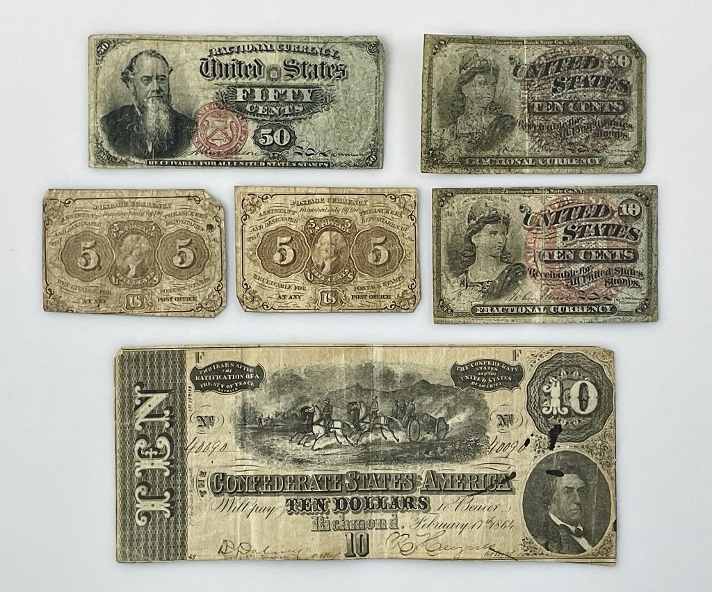 Confederate $10 Note, Fractional Currency (6pc): Collection of Six Civil War Era Notes: (1) $10:00 Confederate Note, (2) 5 Cents Fractional Currency Notes, (2) 10 Cents Fractional Currency Notes, (1) 50 Cents Fractional Currency Note. All are in cir