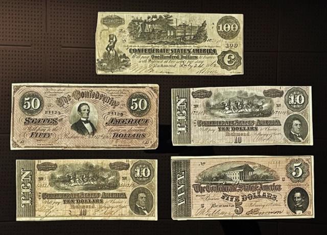 Civil War Confederate Bank Notes (5pc): Collection of Five Civil War Confederate Bank Notes: (1) Confederate States of America $100 Note, dated July 24th, 1862", (1) Confederate States of America $50 Note, dated February 17th 1864, (2) Conf