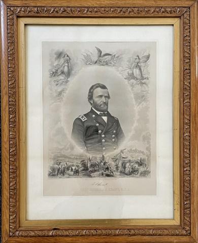 19th C. Engravings, Lincoln and Grant (2pc): Two 19th C. Patriotic Engravings of Abraham Lincoln and Ulysses S. Grant: (1) Steel plate engraving (after photograph M. B. Brady) Titled "LIEUT. GENRl. ULYSSES S. GRANT U.S.A", engraved and published