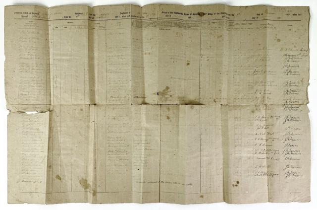CSA Muster, Pay Roll, 56th VA, Nov. 1862: CSA Muster Roll and Pay Roll, 56th VA, Co. I, Nov. 1862. Partially printed folio document, signed by Captain Charles S. Clarke "near Fredericksburg" on 29 November 1862. 2 pages on one sheet. Tears al