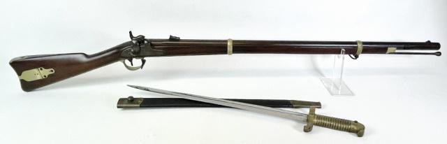 Civil War 1863 Remington Zouave Rifle and Bayonet: Civil War Model 1863 Remington Zouave Rifle and Bayonet. Percussion rifle with carved walnut stock with steel lock and barrel with brass trigger guard, patch box and bands. Plate dated "1863" and "Rem