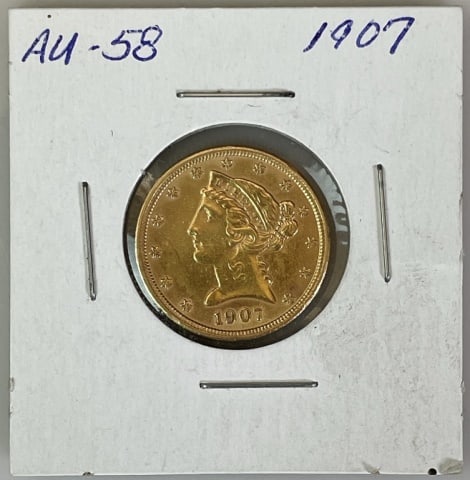1907 $5.00 Liberty Gold Coin, AU (1 of 4)