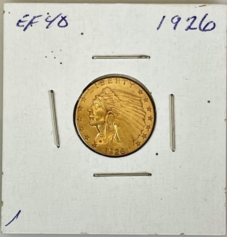1926 $2.50 Indian Gold Coin, XF: 1926 $2.50 Indian Gold Coin. Coin is in XF condition. The coins presented in this auction follow ANA grading standards, but are an opinion only with no warranties or guarantees expressed or implied.
