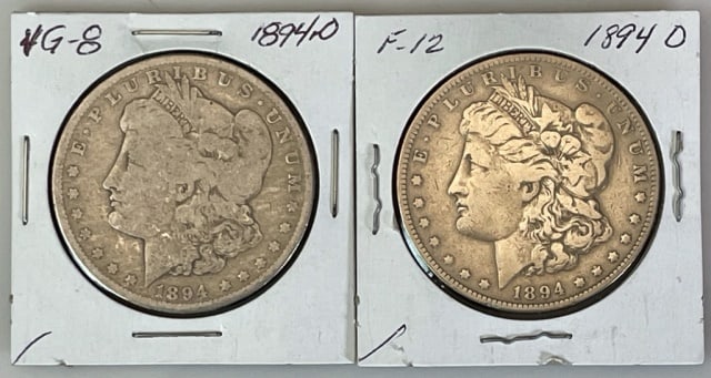 1894 O Morgan Silver Dollars, VG-F (2pc) (1 of 2)