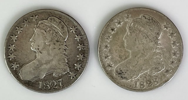 1827, 1828 Capped Bust Halves, F (2pc) (1 of 2)