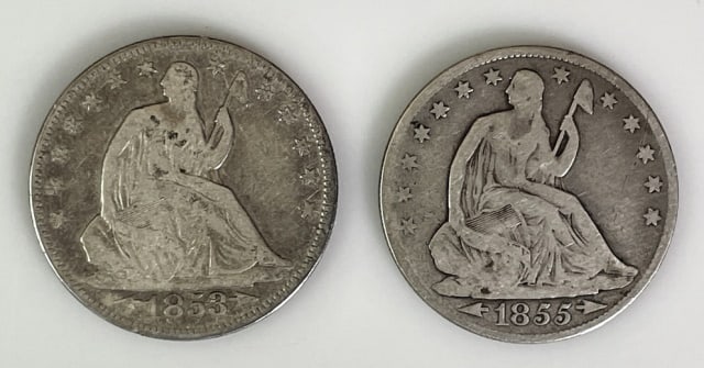 1853, 1855 O Seated Liberty Halves, F-VF (2pc) (1 of 2)