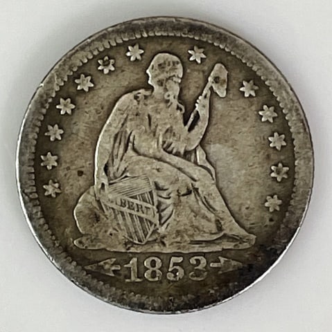 1853 Arrows and Rays Seated Liberty Quarter, F-VF (1 of 2)