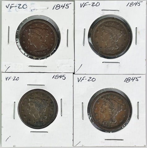 1845 Braided Hair Large Cents, VF (4pc) (1 of 5)