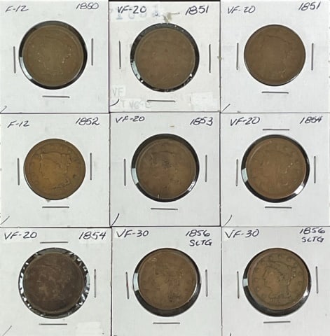 1850's Braided Hair Large Cents, F-VF (9pc) (1 of 2)