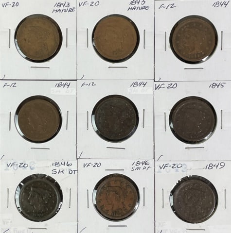 1840's Braided Hair Large Cents, F-VF (9pc) (1 of 2)