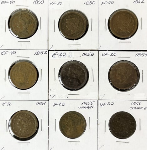1850-1855 Braided Hair Large Cents, VF-EF (9pc) (1 of 3)