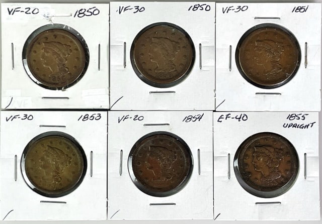1850's Braided Hair Large Cents, VF-XF (6pc) (1 of 4)