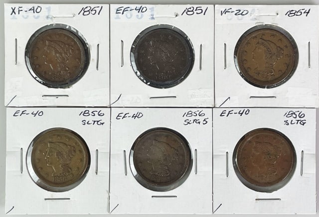 1850's Braided Hair Large Cents, VF-XF (6pc) (1 of 4)