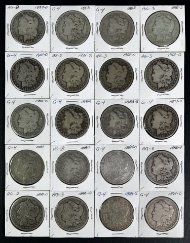 1878-1904 Morgan Silver Dollars AG-G (20pc): Twenty Mixed Date and Mint Marks U.S. Morgan Silver Dollars, AG - G Condition. The coins presented in this auction follow ANA grading standards, but are an opinion only with no warranties or guarantee