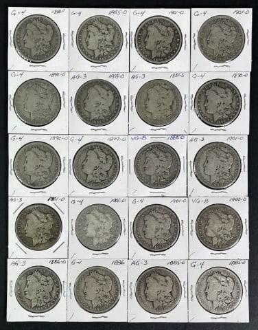 1878-1904 Morgan Silver Dollars AG-G (20pc): Twenty Mixed Date and Mint Marks U.S. Morgan Silver Dollars, AG - G Condition. The coins presented in this auction follow ANA grading standards, but are an opinion only with no warranties or guarantee