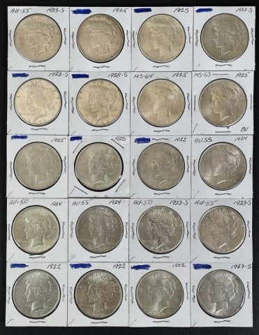 1921-1935 Peace Silver Dollars AU-BU (20pc): Twenty Mixed Date and Mint Marks U.S. Peace Silver Dollars, AU - BU Condition. The coins presented in this auction follow ANA grading standards, but are an opinion only with no warranties or guarantee