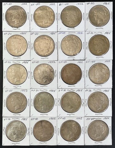 1921-1935 Peace Silver Dollars VF-XF (20pc): Twenty Mixed Date and Mint Marks U.S. Peace Silver Dollars, VF - XF Condition. The coins presented in this auction follow ANA grading standards, but are an opinion only with no warranties or guarantee
