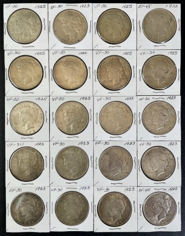 1921-1935 Peace Silver Dollars VF-XF (20pc): Twenty Mixed Date and Mint Marks U.S. Peace Silver Dollars, VF - XF Condition. The coins presented in this auction follow ANA grading standards, but are an opinion only with no warranties or guarantee