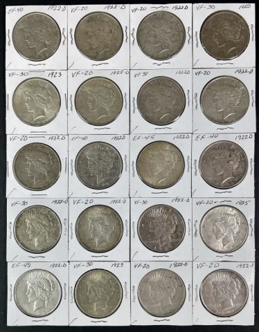 1921-1935 Peace Silver Dollars VF-XF (20pc): Twenty Mixed Date and Mint Marks U.S. Peace Silver Dollars, VF - XF Condition. The coins presented in this auction follow ANA grading standards, but are an opinion only with no warranties or guarantee
