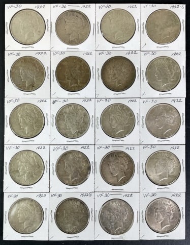 1921-1935 Peace Silver Dollars VF-XF (20pc): Twenty Mixed Date and Mint Marks U.S. Peace Silver Dollars, VF - XF Condition. The coins presented in this auction follow ANA grading standards, but are an opinion only with no warranties or guarantee