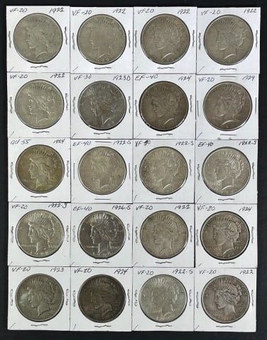 1921-1935 Peace Silver Dollars VF-XF (20pc): Twenty Mixed Date and Mint Marks U.S. Peace Silver Dollars, VF- XF Condition. The coins presented in this auction follow ANA grading standards, but are an opinion only with no warranties or guarantees