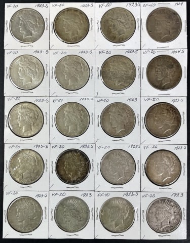1921-1935 Peace Silver Dollars VF-XF (20pc): Twenty Mixed Date and Mint Marks U.S. Peace Silver Dollars, VF- XF Condition. The coins presented in this auction follow ANA grading standards, but are an opinion only with no warranties or guarantees