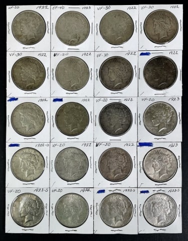 1921-1935 Peace Silver Dollars VF (20pc): Twenty Mixed Date and Mint Marks U.S. Peace Silver Dollars, VF Condition. The coins presented in this auction follow ANA grading standards, but are an opinion only with no warranties or guarantees exp