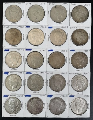 1921-1935 Peace Silver Dollars VF (20pc): Twenty Mixed Date and Mint Marks U.S. Peace Silver Dollars, VF Condition. The coins presented in this auction follow ANA grading standards, but are an opinion only with no warranties or guarantees exp