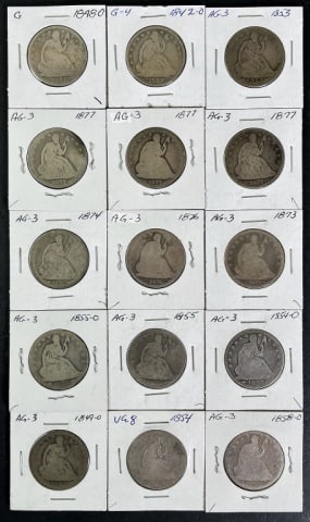 1839-1892 Seated Liberty Halves, AG-G (15pc): Fifteen Mixed Date and Mint Marks U.S. Seated Half Dollars, AG - G Condition. The coins presented in this auction follow ANA grading standards, but are an opinion only with no warranties or guarantees
