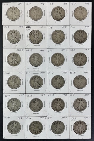 1916-1919 Walking Liberty Halves G-VG (24pc): Twenty Four Mixed Date and Mint Marks U.S. Walking Liberty Half Dollars, G - VG Condition. The coins presented in this auction follow ANA grading standards, but are an opinion only with no warranties 