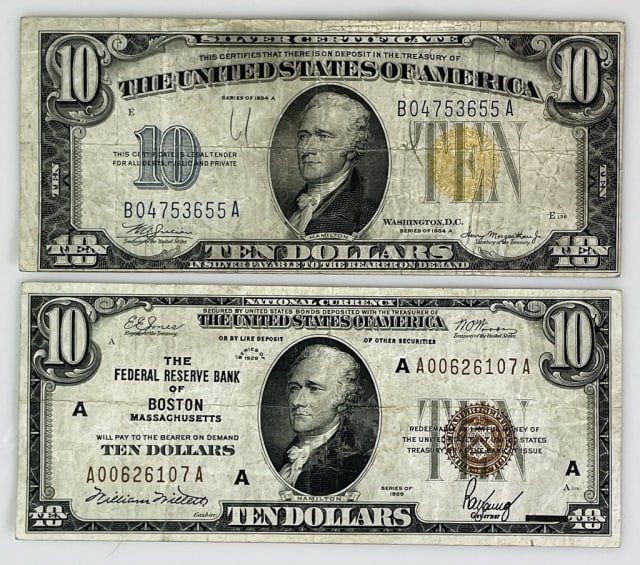 $10.00 Notes 1934 N. Africa, 1929 FRB Boston (2pc) (1 of 5)