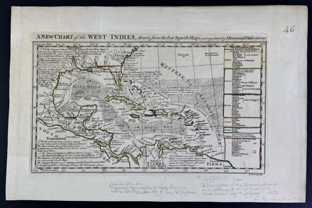 1762 A New Chart of the West Indies, Thos Jeffries: 1762 Map Titled, "A NEW CHART of the WEST INDIES, drawn from the best Spanish Maps and regulated by Astronomical Observations" Thomas Jeffries. Engraved copper impression with hand colored embellishme