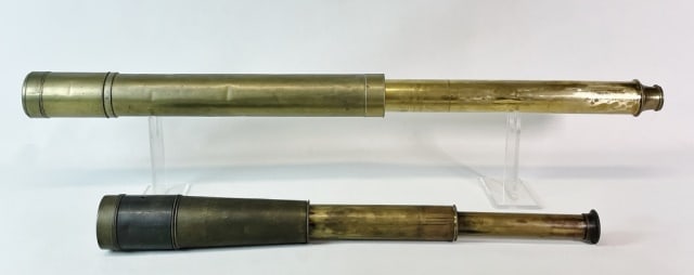 19th C Spyglasses, Spencer Browning, Moginie (2pc): Two 19th C. English Spyglasses: (1) One draw spyglass, signed "Spencer Browning & Co Day or Night", (1) Two draw spyglass, signed "MOGINIE 26 Lichfield Grove, London" Good condition with wear, working