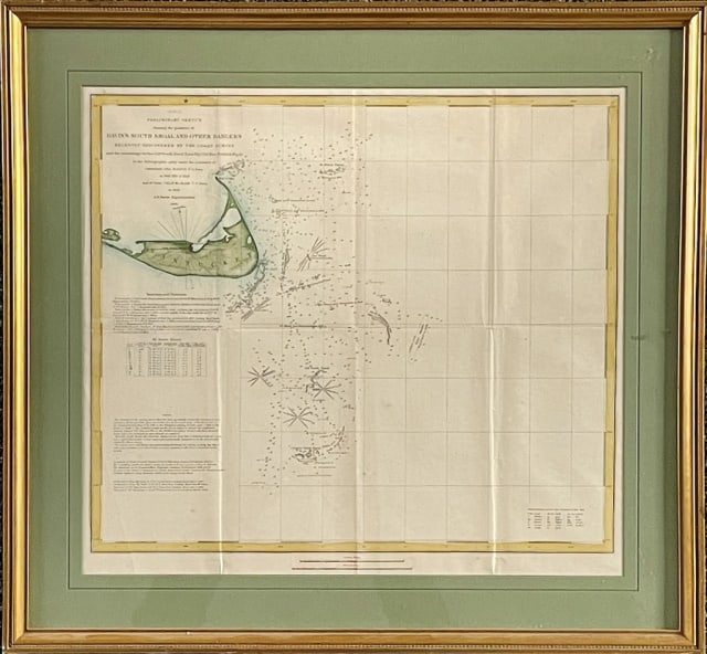 1849 Sea Chart of Nantucket Island, Davis's Shoal: 1849 Sea Chart of Nantucket Island and Davis Shoal. Hand colored chart, titled "Preliminary Sketch Showing th positions of Davis's South Shoal and other Dangers Recently Discovered by the Coast Survey