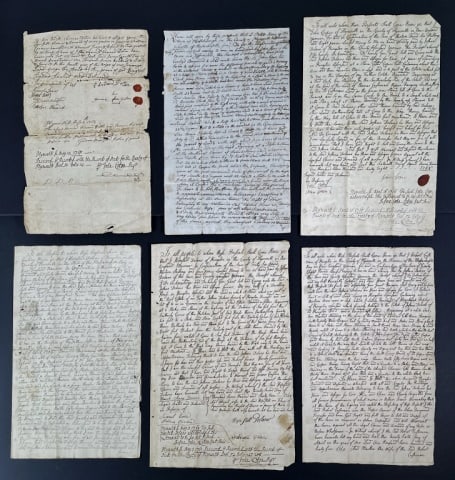 18th C. Deeds, Kingston, Plymouth, MA (6pc): Six 18th C. Plymouth County, Massachusetts Deeds: (4)18th Century Kingston, MA deeds conveying property to Joshua Delano and Captain Hopestill Delano, dating from 1765, 1768, 1769, and 1778--all duly 