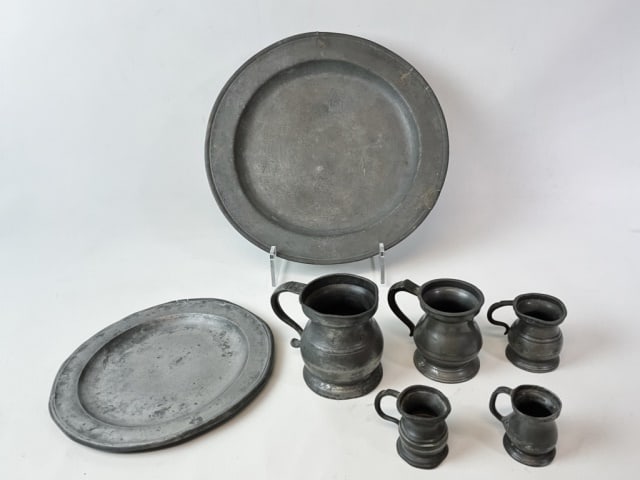 19th C. English Pewter Measures, Platters (7pc): Collection of 18th - 19th C. English Pewter Platters and Measures: (5) Graduated pewter mug form measures with Victorian proofs, (2) Pewter chargers, one marked on reverse, "Townsend & Compton". Large