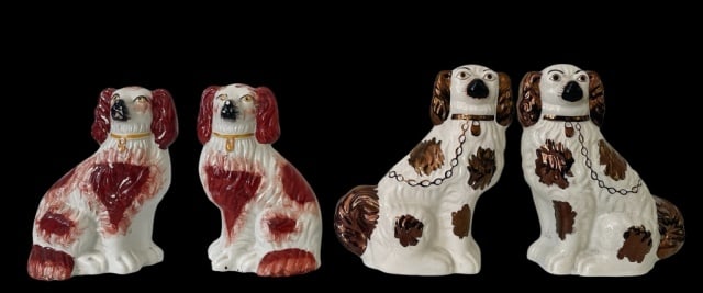 Two Pairs, Antique Staffordshire Dogs (4pc): Two Pairs of English Antique Staffordshire Ceramic Comfort Dogs: (1) Pair of hand decorated ceramic spaniel comfort dogs with gilt paint embellishment, excellent condition, (1) Pair of hand decorated
