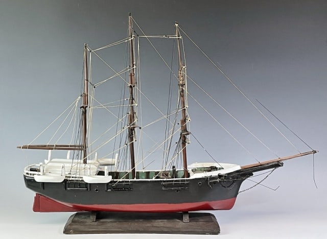 Antique New Bedford Whaleship Model, Bark Wanderer: Antique wooden model of the Bark " Wanderer," launched from the shipyard of J.H. Holmes and Sons in Mattapoisett, MA on April 16, 1878 for owners Gifford and Cummings of New Bedford. She would have a 