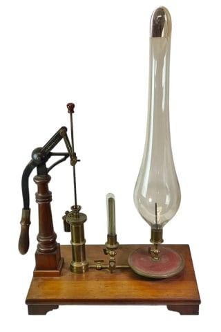 19th C. Vacuum Pump, Benjamin Pike & Sons (6pc): 19th C. Vacuum Pump, Signed "B. Pike & Sons, 518 Broadway, New York". Cast iron and brass fitted hand pump with turned wooden stand, silvered metal scaled pressure gauge under glass with large blown g
