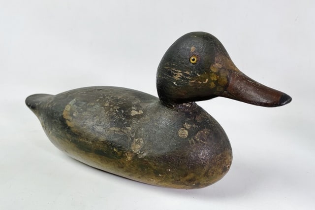 Antique Mallard Duck Decoy, Mason: Antique Mallard Drake Duck Decoy, Mason. Carved wood with inset glass eyes. Fair condition with wear to original paint, measures: 7" H x 15" L x 6" W.