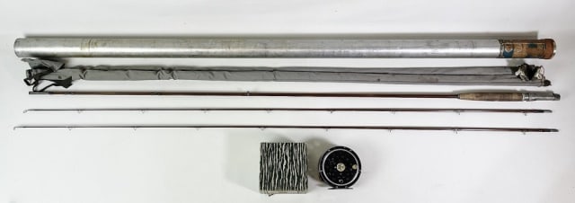 Vintage Fly Rod and Reel, Orvis, Pflueger (2pc): Vintage Two-piece Bamboo Fly Rod, Orvis and Reel, Pflueger. Vintage bamboo two-piece (extra tip) fly rod with original metal tube. Pflueger "Medalist" fishing reel, #1498 in original cardboard box wit