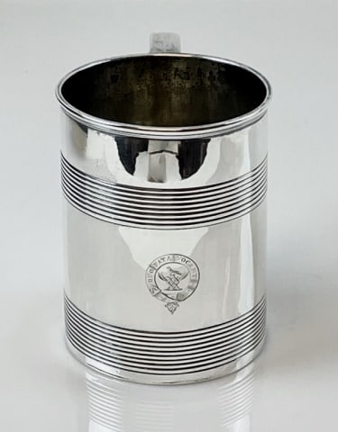 1807 British George III Silver Mug, Hougham: English Sterling Silver Tankard. Ring decoration with hallmarks for London, 1807 and "HS" (Solomon Hougham, 1792-1818). Tankard bears hand chased heraldic arms with "QUO FATA VOCANT". Excellent condit