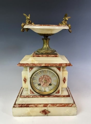 19th C. French Marble Figural Mantel Clock, Farret: 19th C. French Figural Marble Mantel Clock, Face Signed "Farret" and "Rue Chapon 25 Paris". Multicolored carved stone with gilt ormolu mounts. Eight- day keywind time and strike movement. Clock in goo