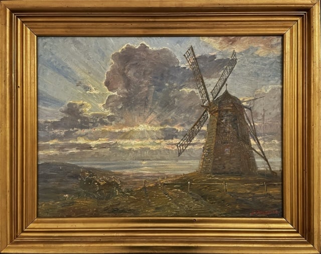 Antique Oil on Canvas Painting, C. Budtz-Moller: Antique Oil on Canvas Painting, Signed "C. Budtz M." (Carl Budtz-Moller, Danish, 1882-1953). Painting of a windmill on a sea shore. Painting in good condition, set in gilt wooden frame, measures: 26"