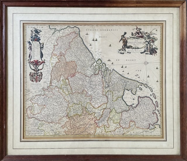 17th C. Map of Holland, Nicolas Visscher: Circa 1680 Map of Holland, (Nicolas Visscher, Dutch 1618-1679). Hand colored copper plate printed map titled "PROVINCIARUM GERMANIAE INFERIOR DELINIATIO". Map with two decorative cartouche and detaile