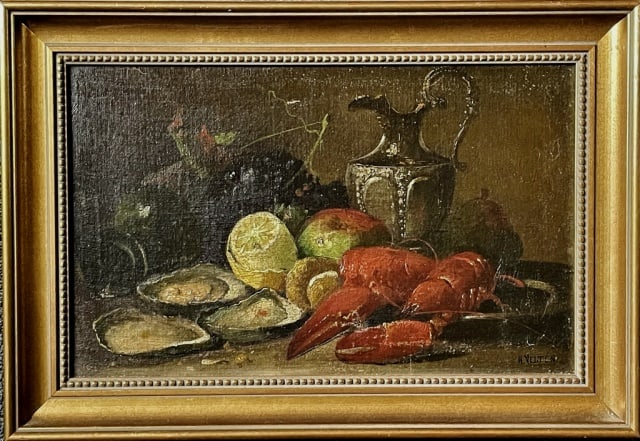 19th C. Oil on Canvas Paintings, H. Velten (2pc): Two 19th C. Oil on Canvas Paintings, Signed "H. Velten" (Belgian): (1) Still life composition of shell fish and a silver ewer, good condition, measures framed: 13.5" H x 19.75" W, image: 9.75" H x 16.